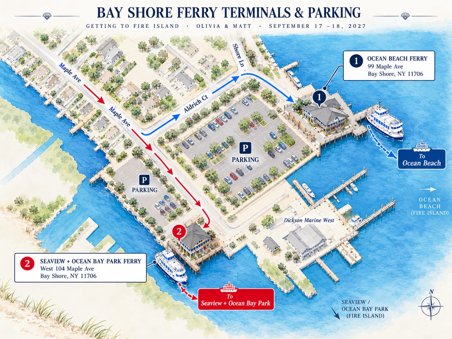 Illustrated map of the two Fire Island Ferries terminals in Bay Shore. Maple Avenue runs down the middle. Marker one, the Ocean Beach ferry at 99 Maple Ave, sits at the top right beside a large parking lot. Marker two, the Seaview and Ocean Bay Park ferry at West 104 Maple Ave, sits further down the same street beside its own parking lot. A blue route leads to the first and a red route continues past it to the second.