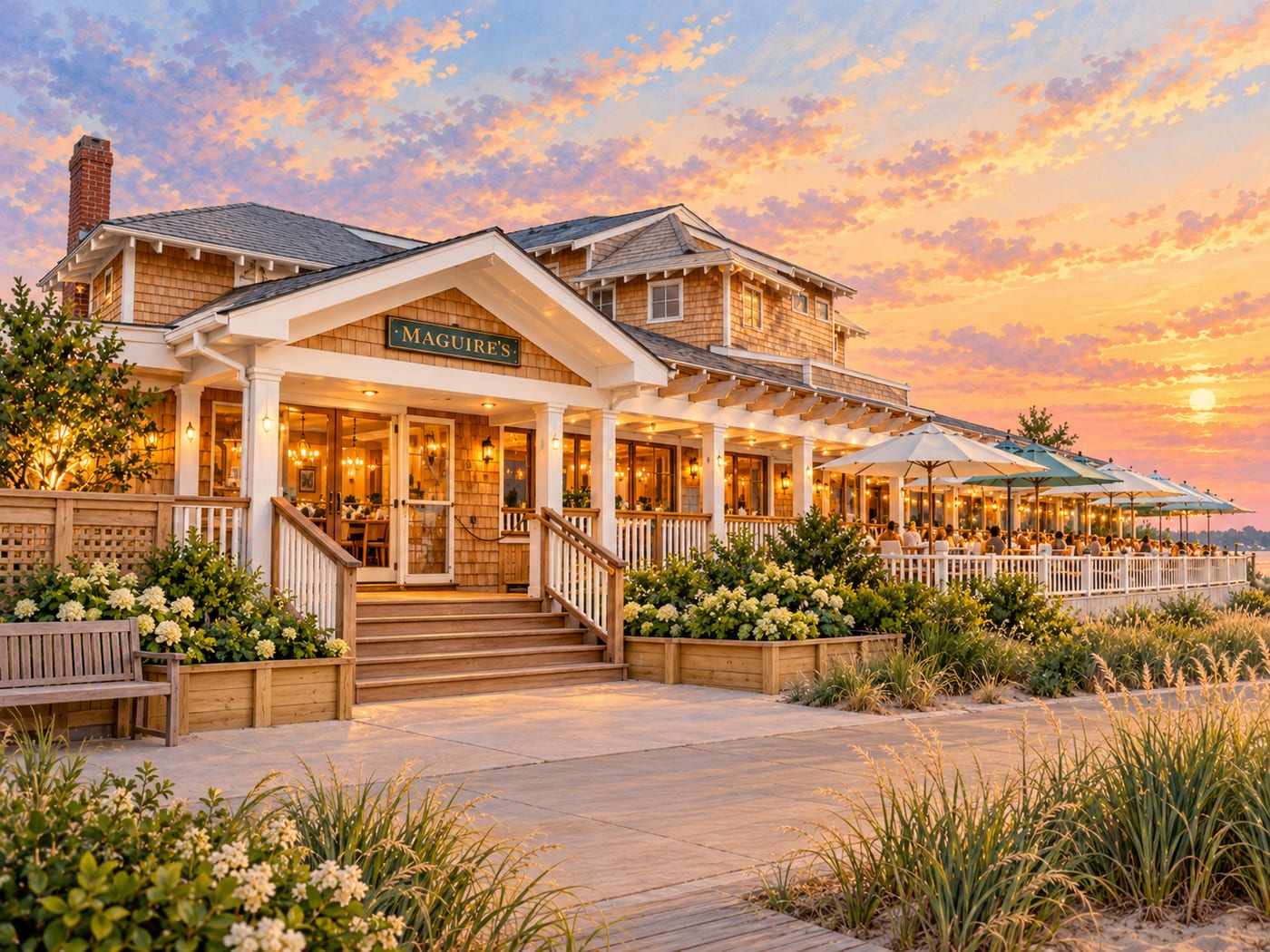 Maguire's at golden hour — a cedar-shingled building with a wide covered porch and a long awninged deck of umbrella-shaded tables, hydrangeas along the boardwalk and a pink and gold sky behind.